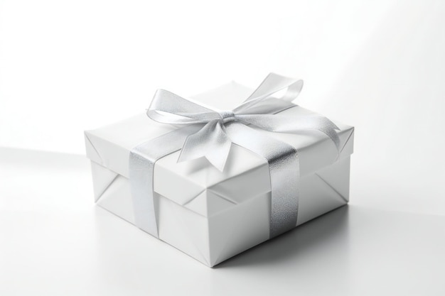 Photo silver gift box with silver ribbon isolated on white background close up