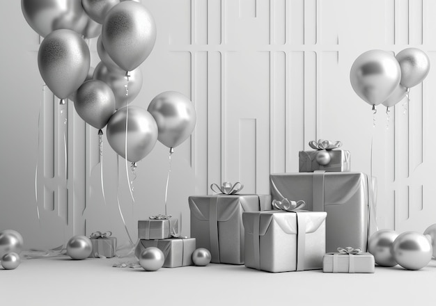 Silver gift boxes and balloons in a white room