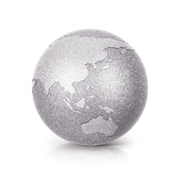 Photo silver glitter globe 3d illustration asia & australia map on white isolated