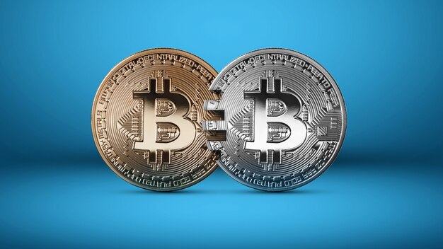 Silver and gold bitcoin coins on a blue background.The concept of blockchain technology and money transfers. Mastercard analog concept. Conceptual image for crypto currency market. Can be used for vid