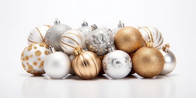 Silver and gold christmas decorations on a white background