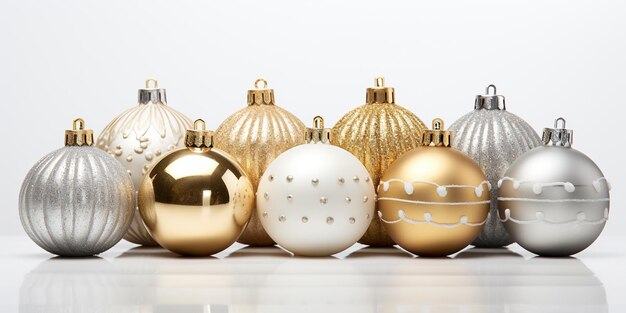 Silver and gold christmas decorations on a white background