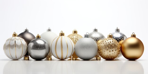 Silver and gold christmas decorations on a white background