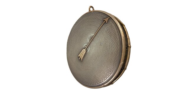 A silver and gold clock with a feather on the back.