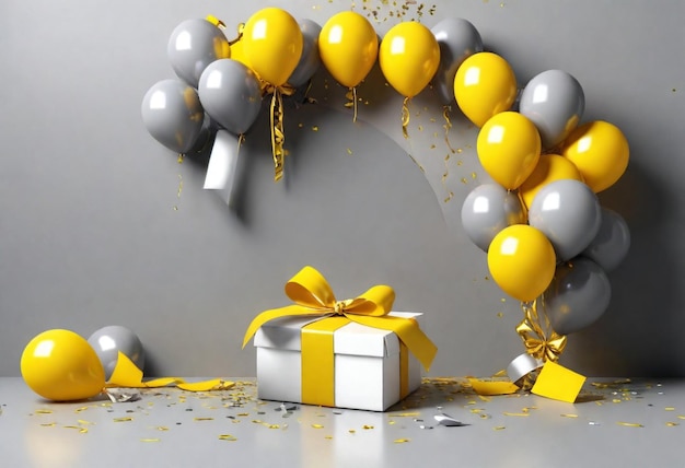 a silver and gold gift box with a bunch of balloons and a gold ribbon