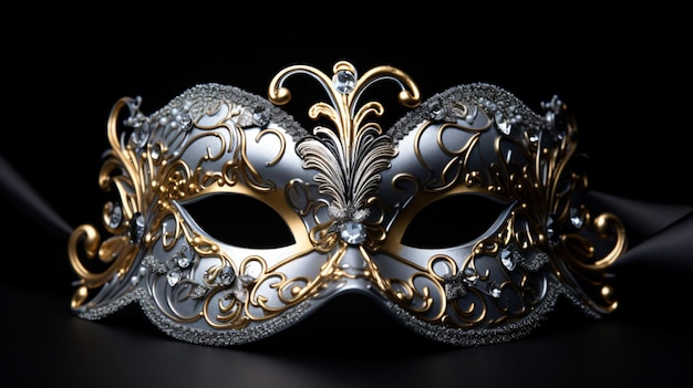 A silver and gold masquerade mask is depicted