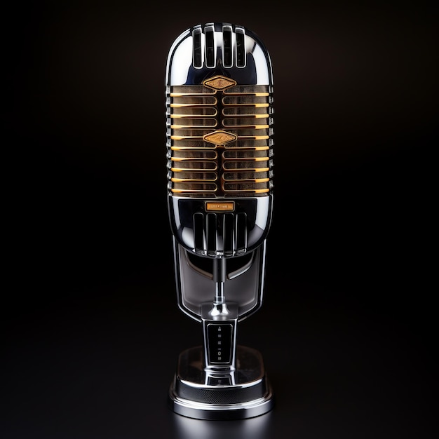 A silver and gold vintage microphone on a black background