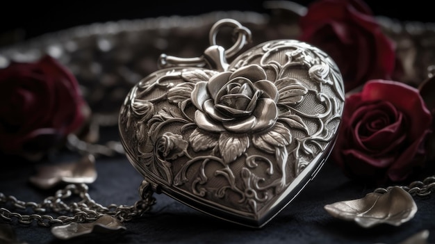 A silver heart shaped locket with a rose on the front.