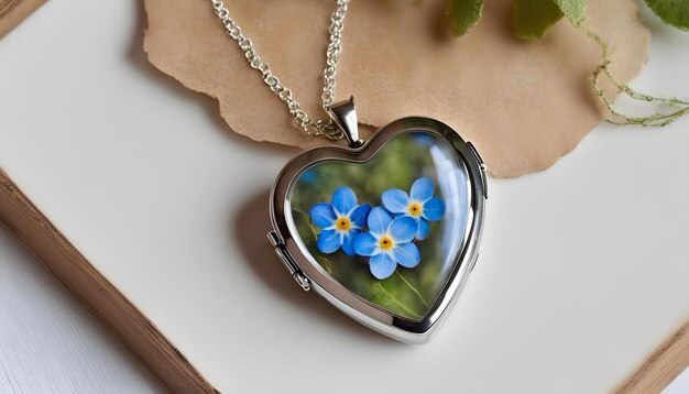 Foto un cuore d'argento con fiori blu su una catena