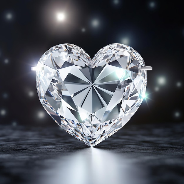 Silver heart with a sparkling diamond in the center against a transparent