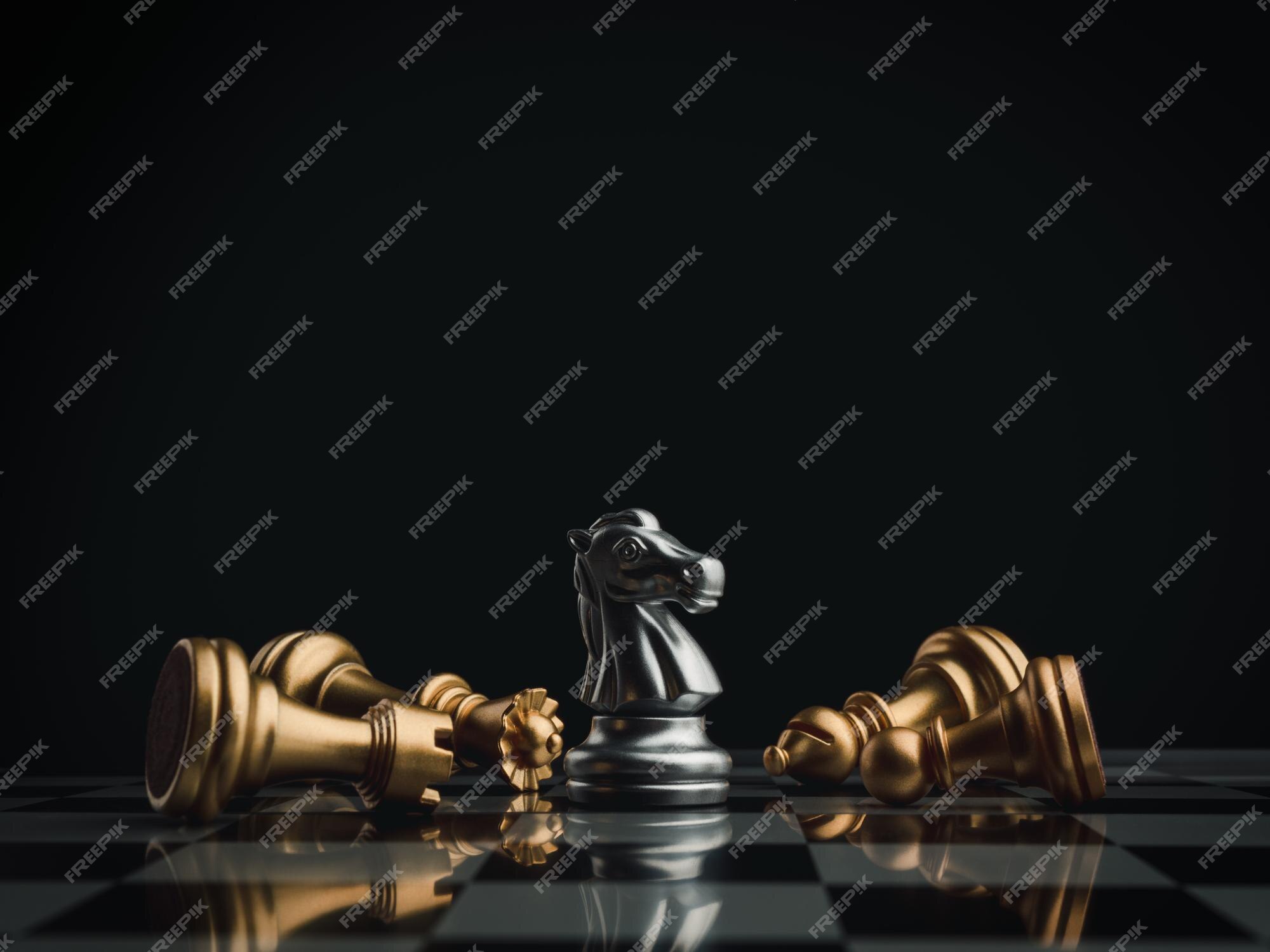 Premium Photo  The golden horse, knight chess piece standing in front of  silver pawn chess pieces on chessboard on dark background. leadership,  follower, team, commander, competition, and business strategy concept.