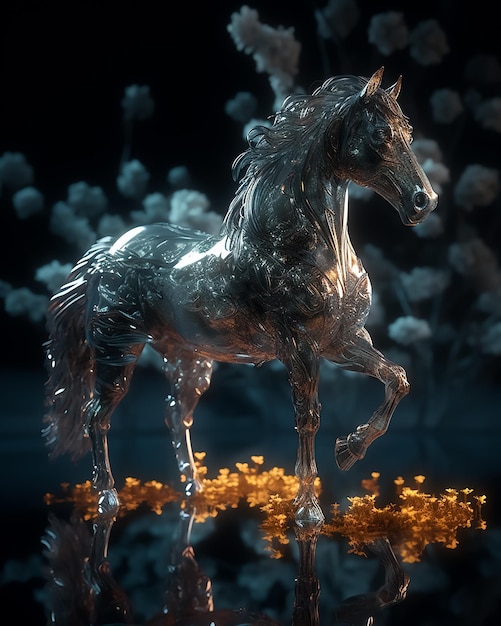 A silver horse with gold leaves on it