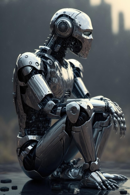 Silver human robot sitting and thinking in city created using generative ai technology