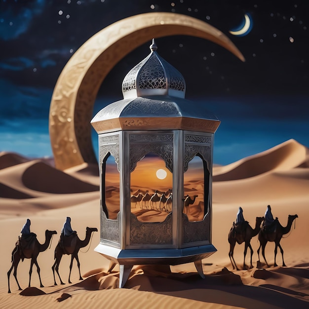 A silver Islamic Ramadan lantern with Arabian desert