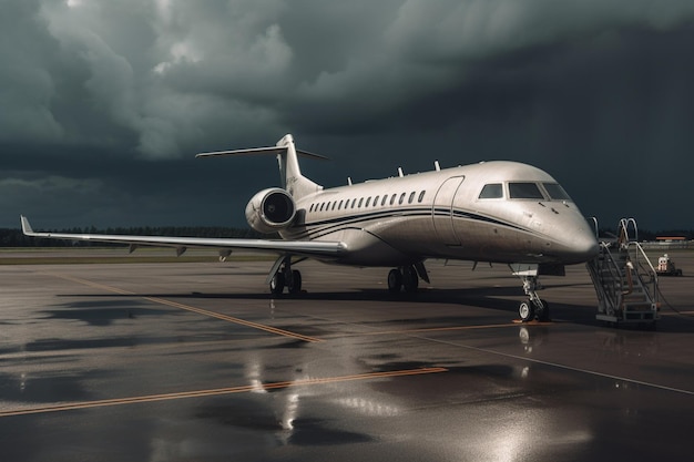 A silver jet is parked on the tarmac with a dark sky in the background.