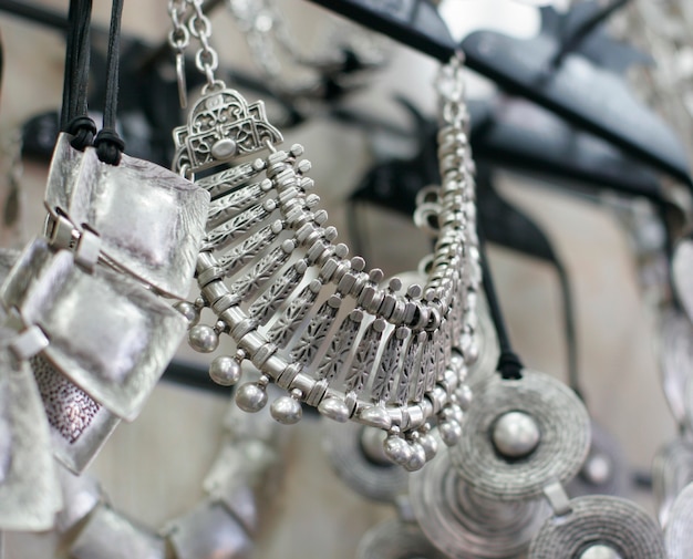 Silver jewelry in the shop, close up