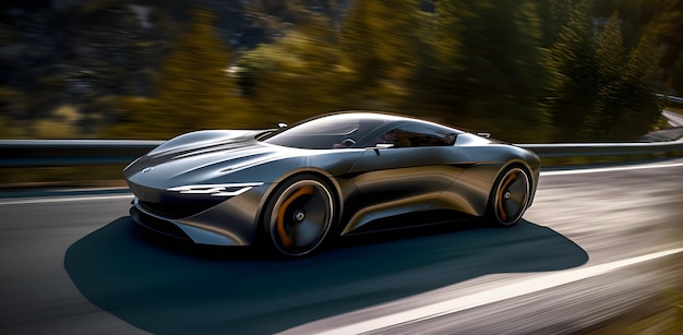 A silver lamborghini is driving on a road.