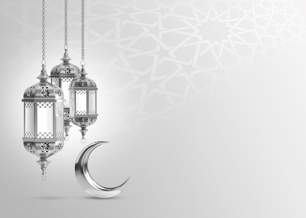 Silver lamp and a crescent moon on a gray background islamic ramadan greeting background