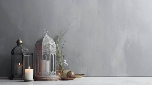 A silver lantern with a gold plant in the middle sits on a table next to a silver vase with flowers