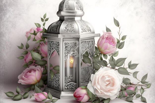 A silver lantern with a light on it and flowers on the table.