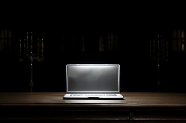 Photo silver laptop computer placed on black table and dark background