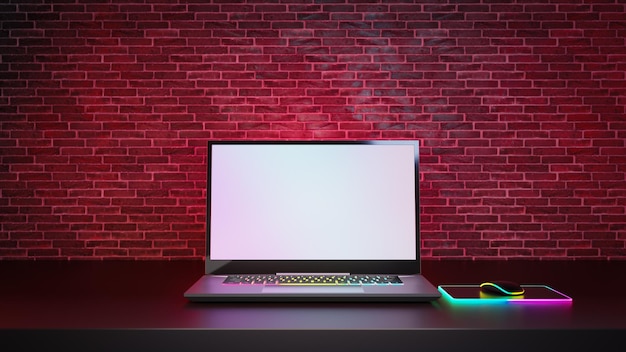 Silver Laptop computer on red brick wall background 3D illustration rendering