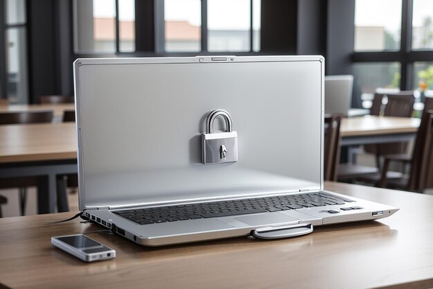 Photo silver laptop with big lock on table