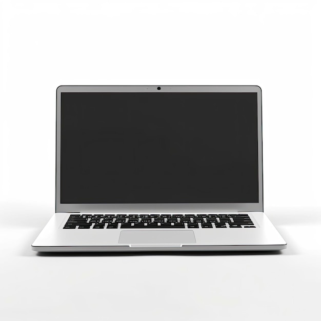A silver laptop with a black screen that says macbook pro