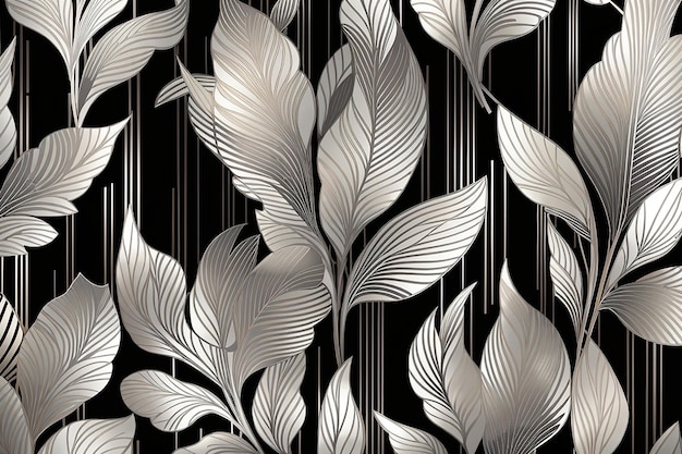Silver leaf botanical modern art deco wallpaper background vector Line arts background design for interior design vector arts fashion textile patterns textures posters wrappers gifts etc