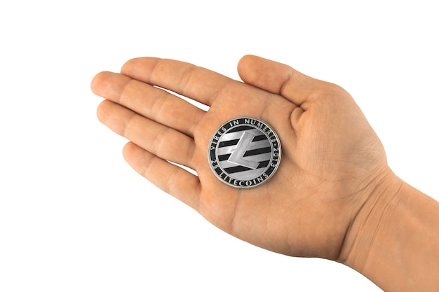 Silver Litecoin on hand, cryptocurrency coin isolate on white background photo