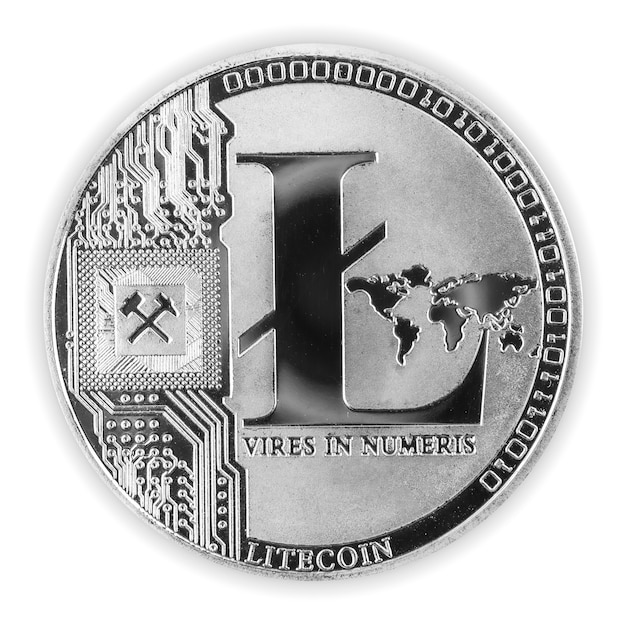 Серебряная криптовалюта Litecoin LTC, изолированные на белом фоне