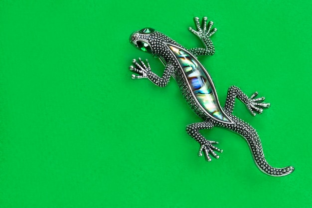 Photo silver lizard brooch with nacre and emeralds on green background