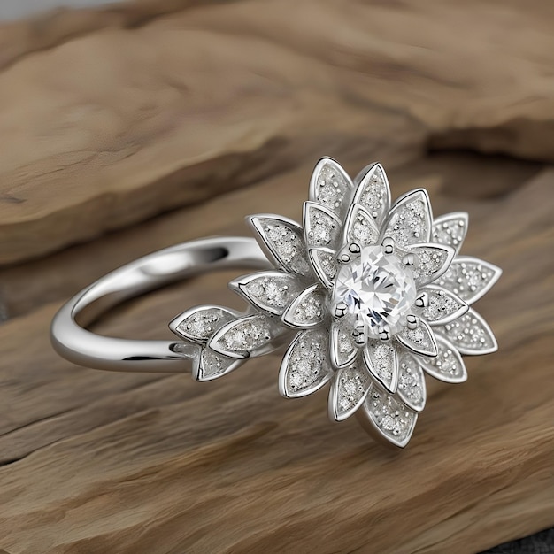 A silver lotus ring with diamonds on a wooden surface.