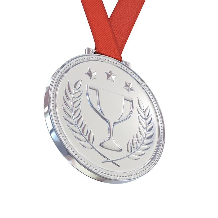 Photo silver medal on red ribbon, isolated on white background