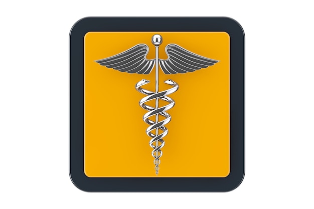 Photo silver medical caduceus symbol as touchpoint web icon button on a white background. 3d rendering