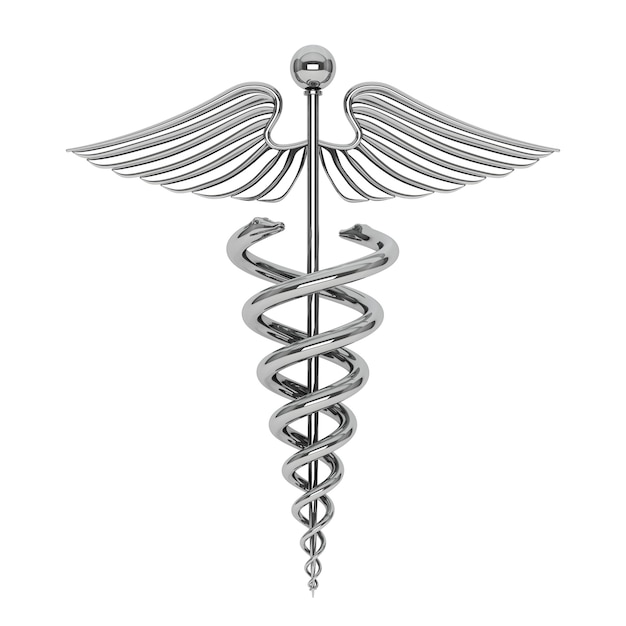 Photo silver medical caduceus symbol on a white background. 3d rendering