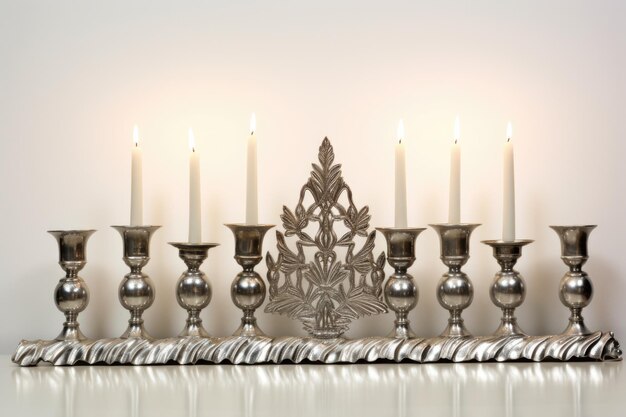 Фото Серебряная менора с зажженными свечами, бросающими тени на белую стену