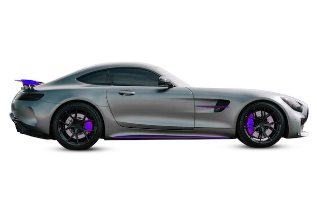 A silver mercedes benz slr sports car with purple rims