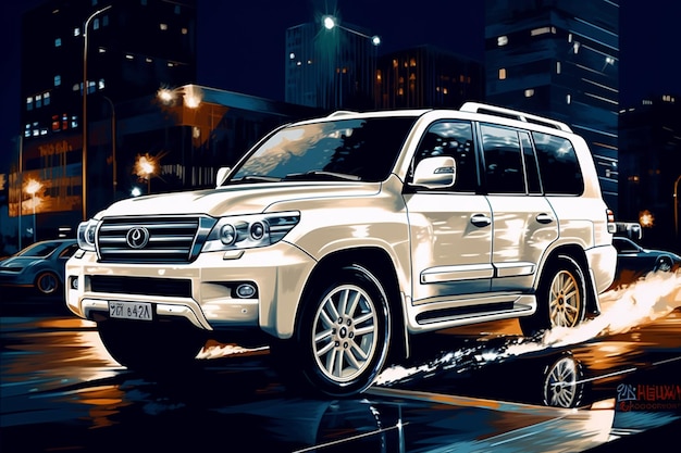 A silver mercedes - benz suv is parked on a city street at night.