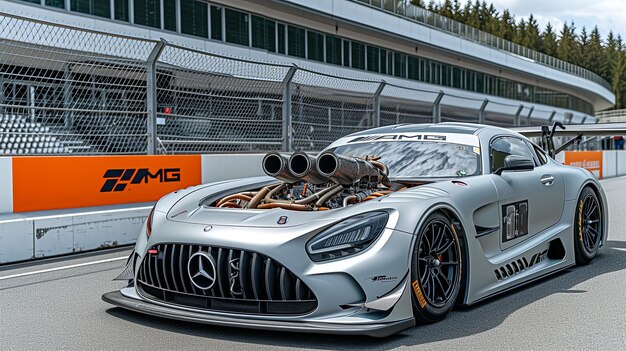 A silver MercedesBenz sports car with a large engine