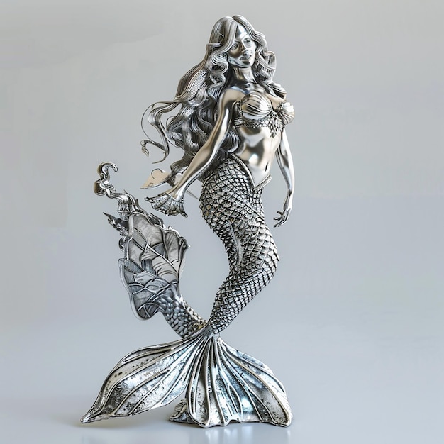 a silver mermaid with silver hair is holding a fish