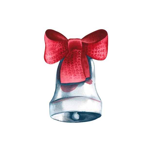 Silver metal bell with red bow.