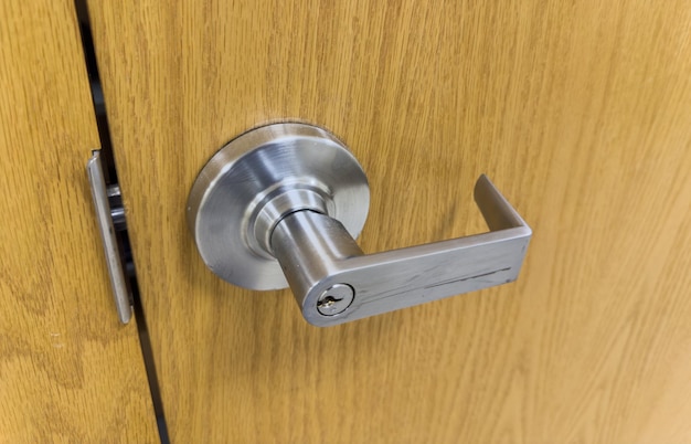 silver metal door handle against a dark wood door The handle's curved design exudes modern elegance