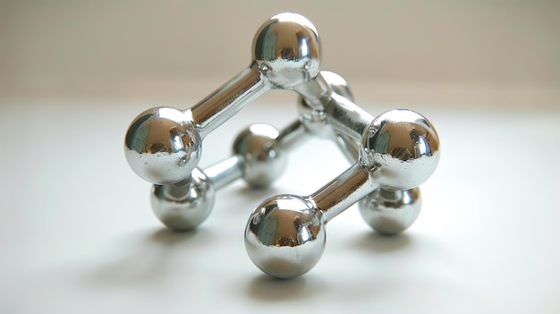 Photo a silver metal sculpture of a molecule
