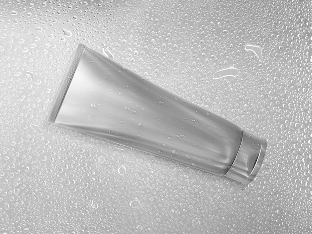 Silver metallic plastic cosmetic tube for cream or gel on water drops background texture