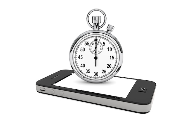 Silver modern Stopwatch with Mobile Phone on a white background