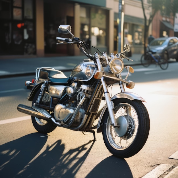 Silver motorbike in city street created using generative ai technology