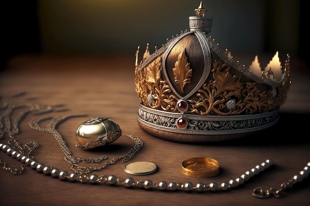 Silver necklace and golden crown on table top