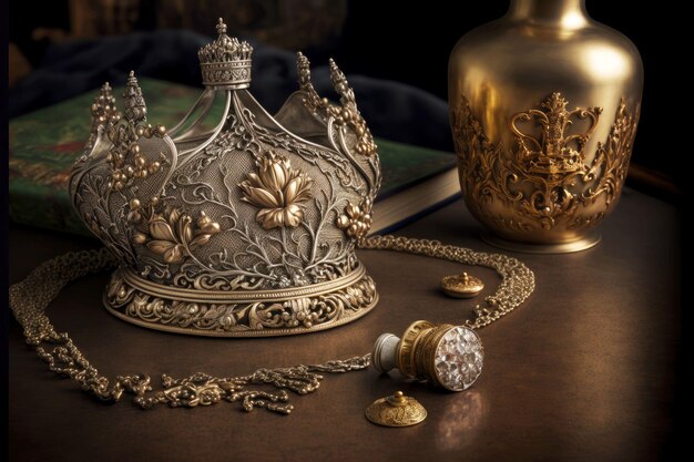 Photo silver necklace and golden crown on table top