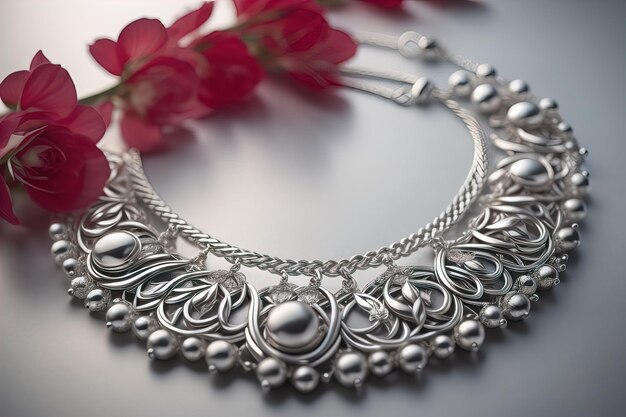 Silver necklace on a solid color background in closeup ai generative